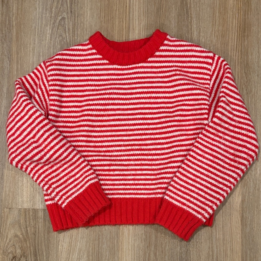 Zara Kids Red and White Striped Crew Neck Sweater Size 11/12